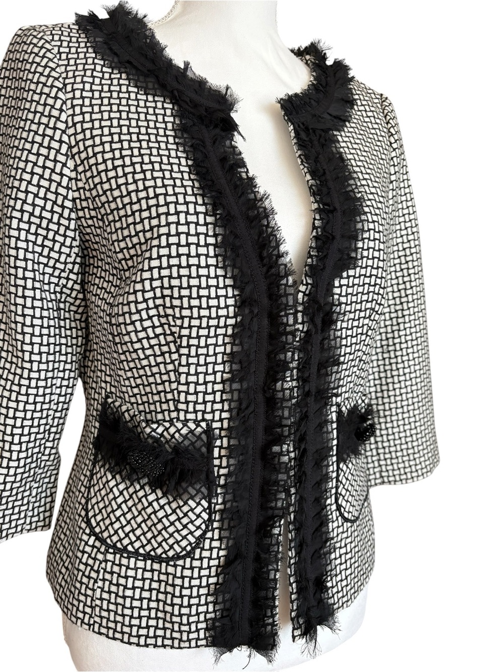 White House Black Market Black & White Tweed Fringe Blazer Jacket Size 6